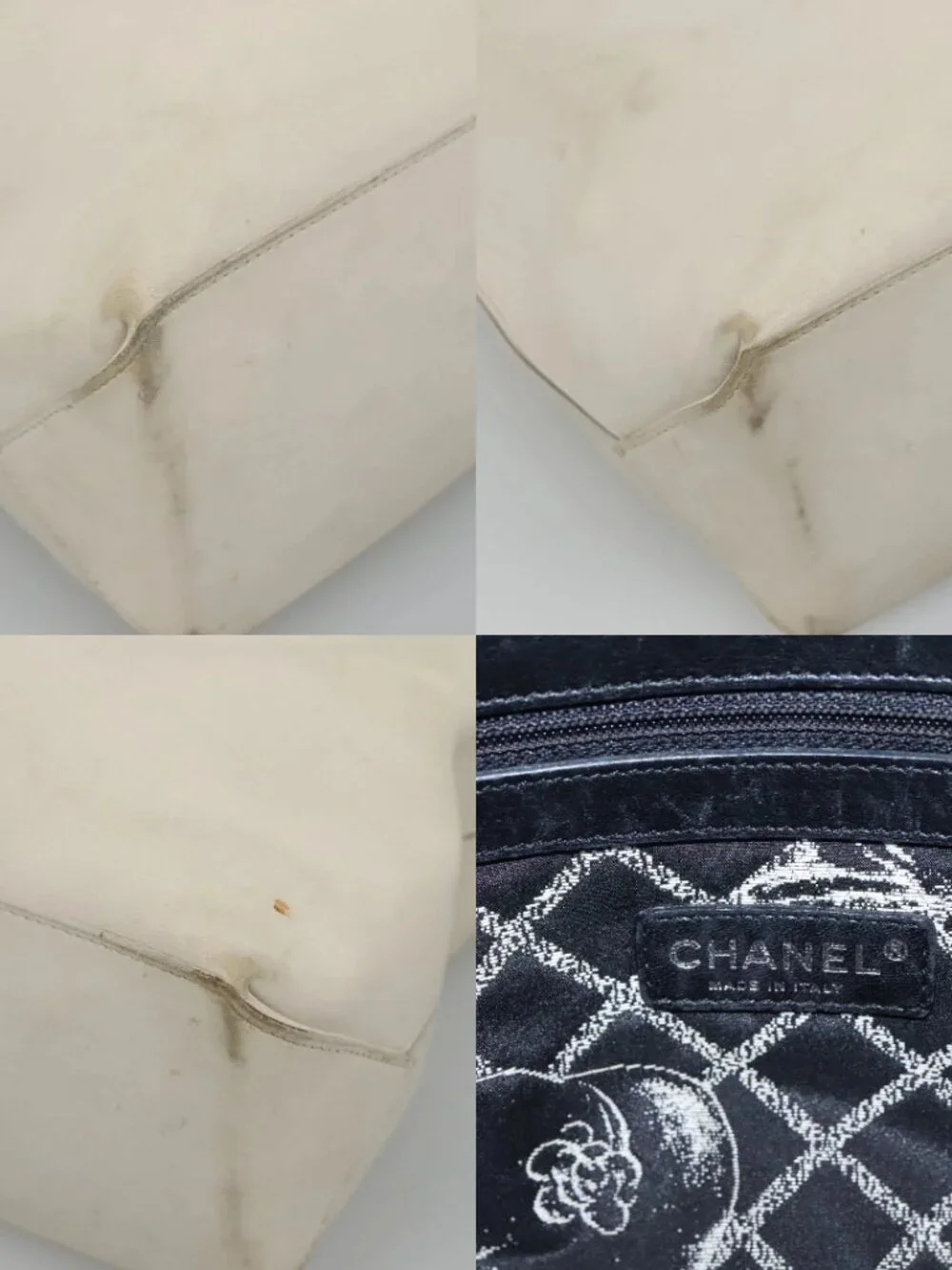 CHANEL Tote Bag Leather White Silver CC Auth ac3702